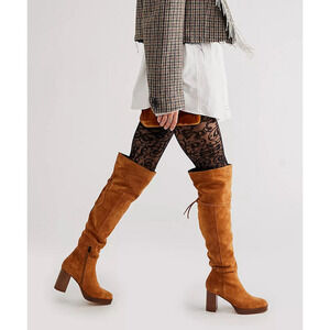 Free People Echo Boots Platform Over the Knee Cognac Brown Leather NEW 7 US